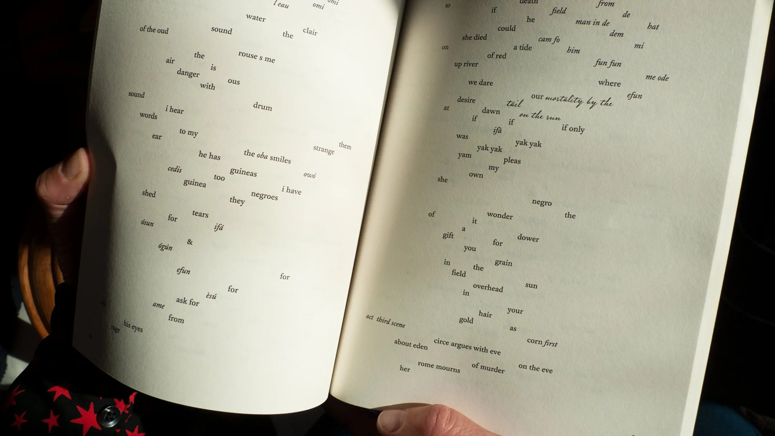 Photograph of a page of Zong! by M. NourbeSe Philip, in which the words appear in the shape of a wave across the page.